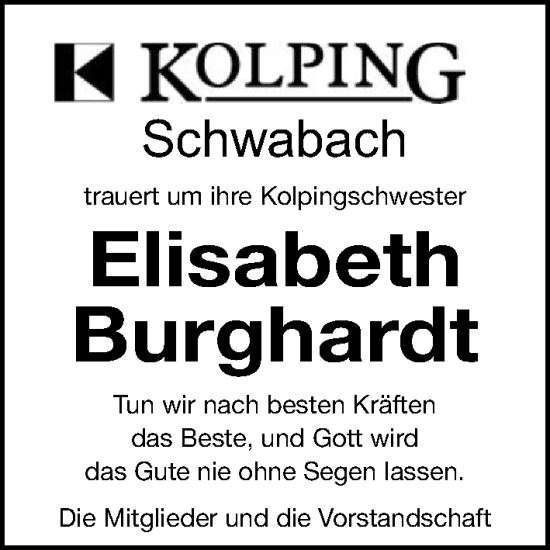 Traueranzeige von Elisabeth Burghardt von Schwabacher Tagblatt Lokal