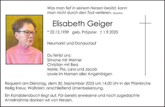 Traueranzeige von Elisabeth Geiger von Neumarkter Nachrichten Lokal