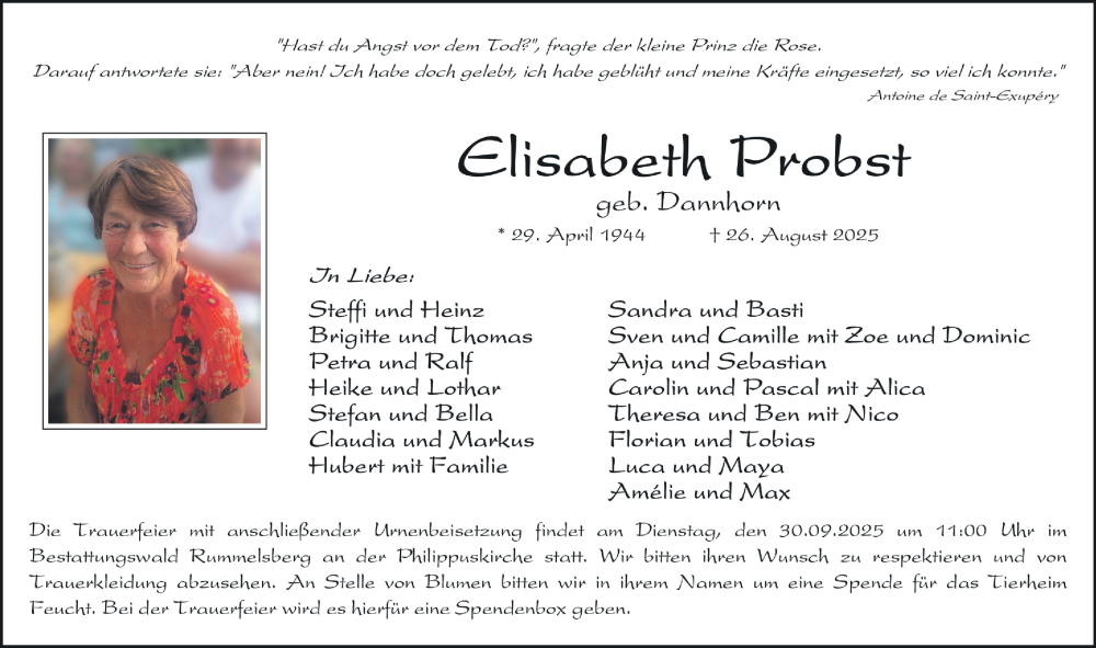  Traueranzeige für Elisabeth Probst vom 20.09.2025 aus Gesamtausgabe Nürnberger Nachrichten/ Nürnberger Ztg.