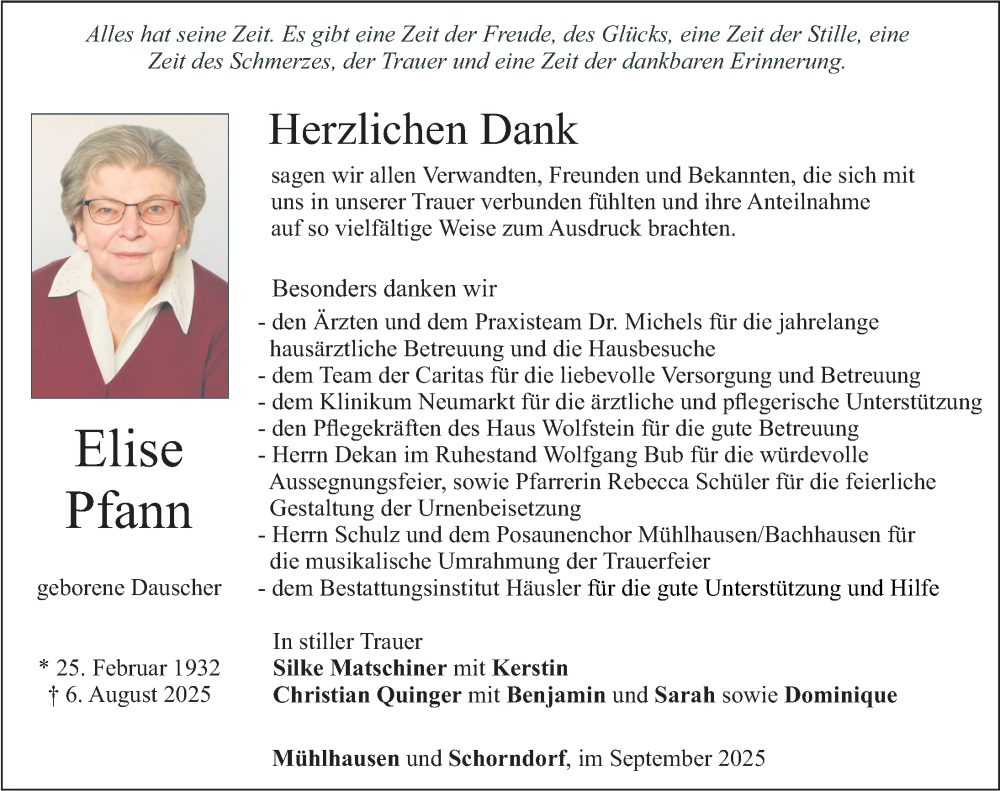  Traueranzeige für Elise Pfann vom 20.09.2025 aus Neumarkter Nachrichten Lokal