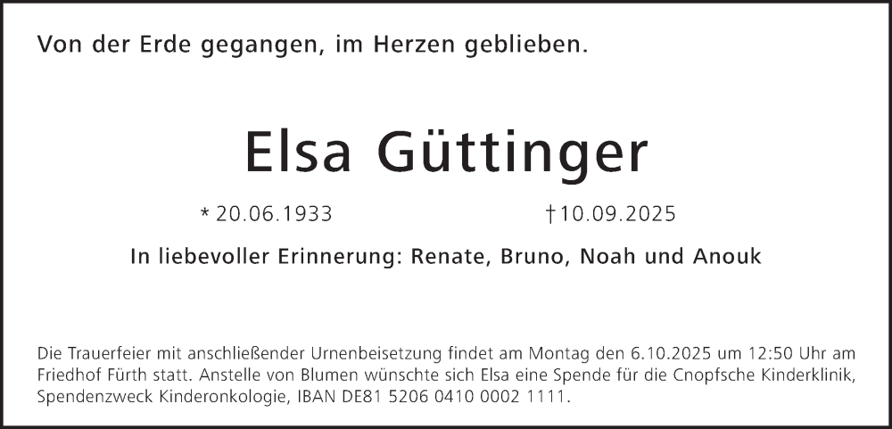  Traueranzeige für Elsa Güttinger vom 01.10.2025 aus Gesamtausgabe Nürnberger Nachrichten/ Nürnberger Ztg.