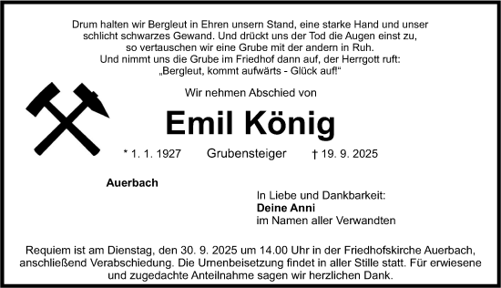 Traueranzeige von Emil König von Nordbayerische Nachrichten Pegnitz Lokal
