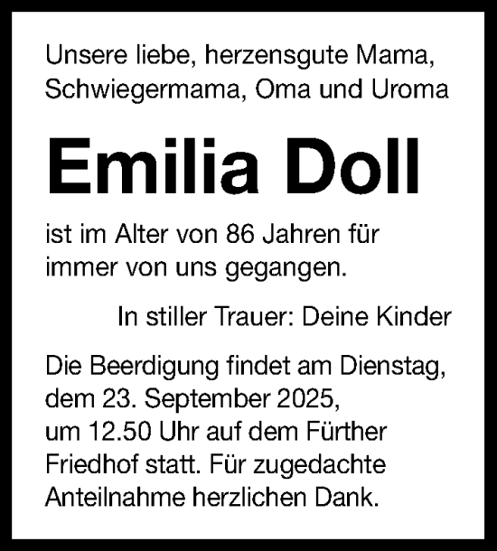 Traueranzeige von Emilia Doll von Fürther Nachrichten Lokal