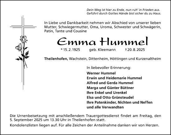 Traueranzeige von Emma Hummel von Altmühl-Bote Lokal