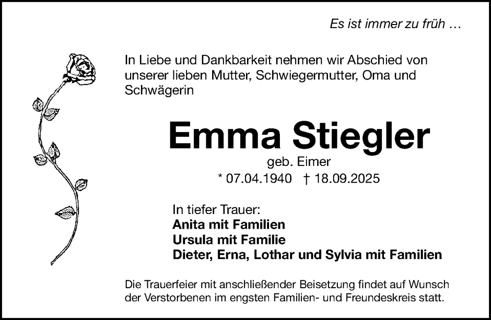  Traueranzeige für Emma Stiegler vom 27.09.2025 aus Gesamtausgabe Nürnberger Nachrichten/ Nürnberger Ztg.