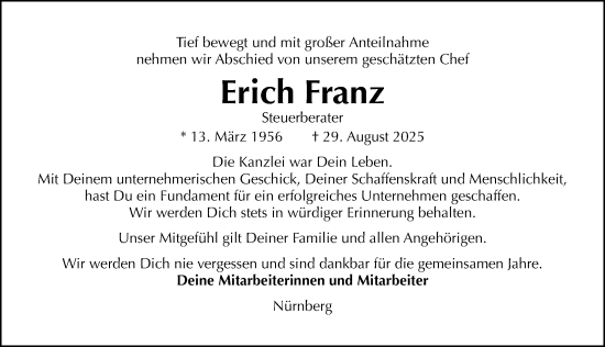 Traueranzeige von Erich Franz von Gesamtausgabe Nürnberger Nachrichten/ Nürnberger Ztg.