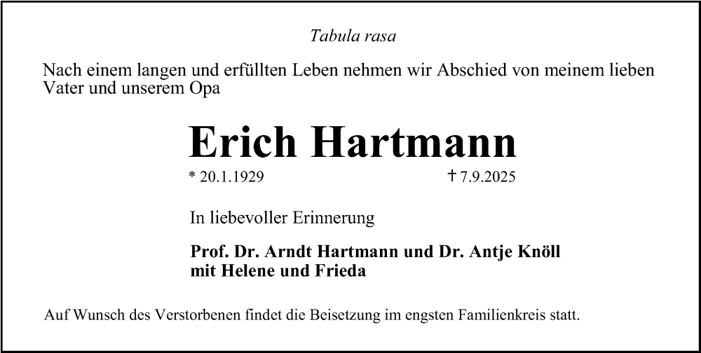  Traueranzeige für Erich Hartmann vom 13.09.2025 aus Erlanger Nachrichten Lokal