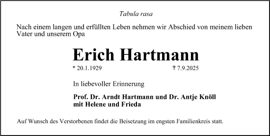 Traueranzeige von Erich Hartmann von Erlanger Nachrichten Lokal