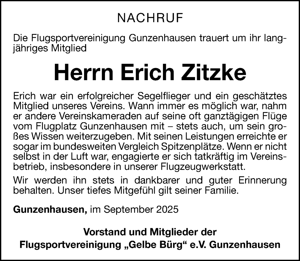  Traueranzeige für Erich Zitzke vom 23.09.2025 aus Altmühl-Bote Lokal