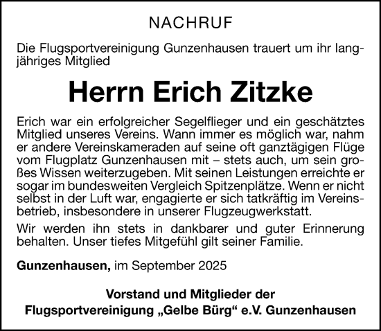 Traueranzeige von Erich Zitzke von Altmühl-Bote Lokal