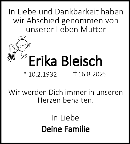 Traueranzeige von Erika Bleisch von Erlanger Nachrichten Lokal
