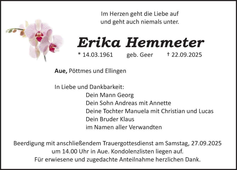  Traueranzeige für Erika Hemmeter vom 25.09.2025 aus Roth-Hilpoltsteiner Volkszeitung Lokal