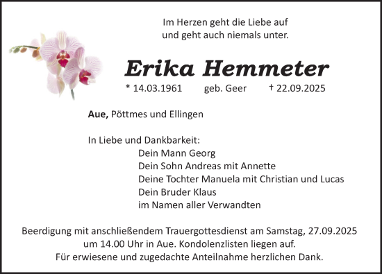 Traueranzeige von Erika Hemmeter von Roth-Hilpoltsteiner Volkszeitung Lokal