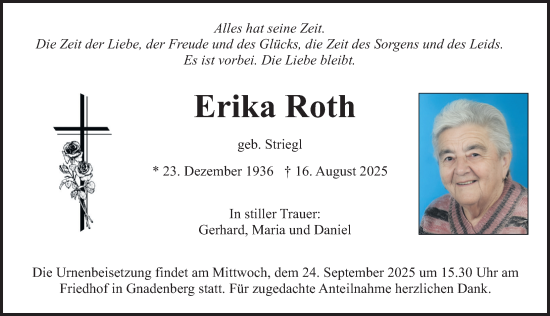 Traueranzeige von Erika Roth von Neumarkter Nachrichten Lokal