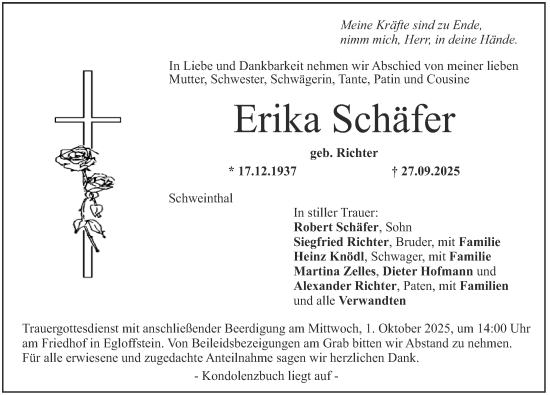 Traueranzeige von Erika Schäfer von Nordbayerische Nachrichten Forchheim Lokal