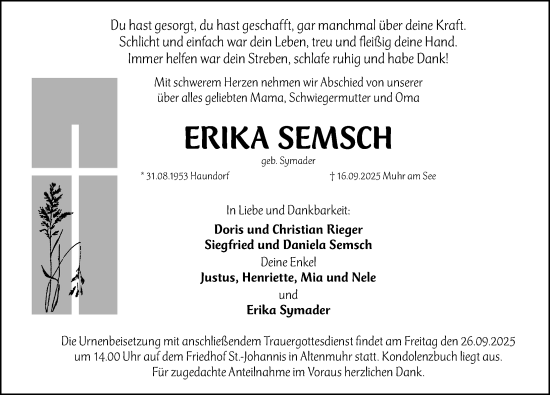 Traueranzeige von Erika Semsch von Altmühl-Bote Lokal