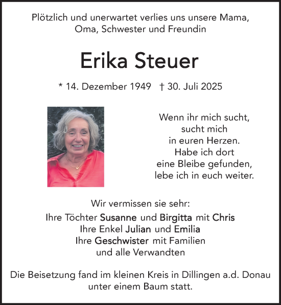Traueranzeige von Erika Steuer von Neumarkter Nachrichten Lokal