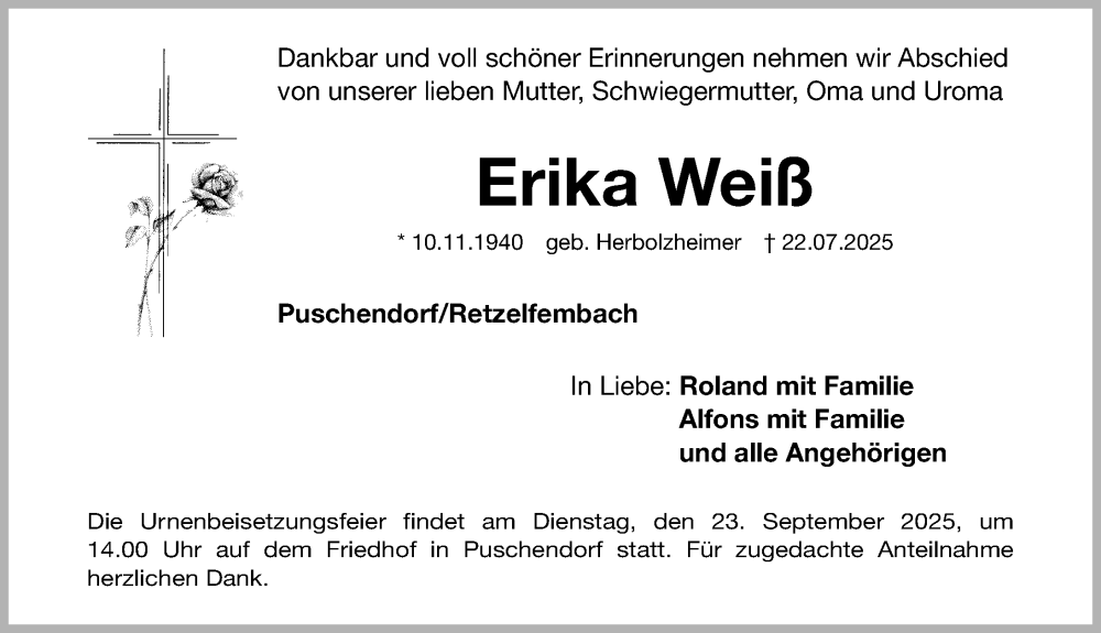  Traueranzeige für Erika Weiß vom 20.09.2025 aus Fürther Nachrichten Lokal