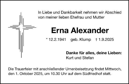 Traueranzeige von Erna Alexander von Gesamtausgabe Nürnberger Nachrichten/ Nürnberger Ztg.