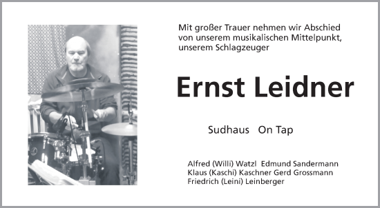 Traueranzeige von Ernst Leidner von Gesamtausgabe Nürnberger Nachrichten/ Nürnberger Ztg.