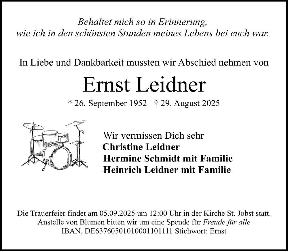  Traueranzeige für Ernst Leidner vom 03.09.2025 aus Gesamtausgabe Nürnberger Nachrichten/ Nürnberger Ztg.