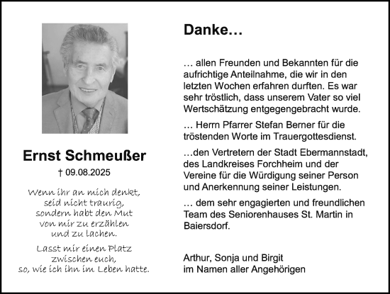 Traueranzeige von Ernst Schmeußer von Nordbayerische Nachrichten Forchheim Lokal