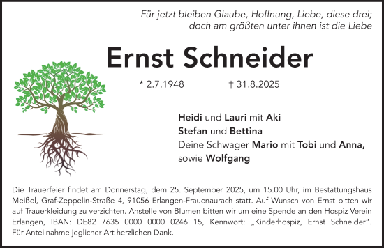 Traueranzeige von Ernst Schneider von Erlanger Nachrichten Lokal