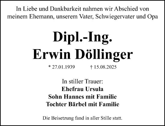 Traueranzeige von Erwin Döllinger von Fürther Nachrichten Lokal