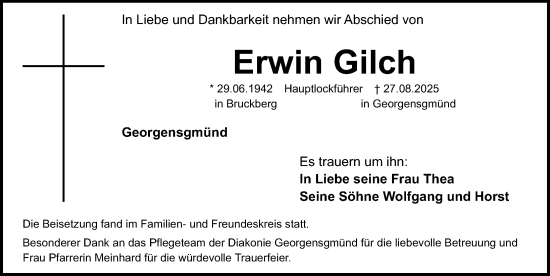 Traueranzeige von Erwin Gilch von Roth-Hilpoltsteiner Volkszeitung Lokal