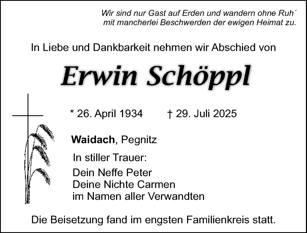  Traueranzeige für Erwin Schöppl vom 06.09.2025 aus Nordbayerische Nachrichten Pegnitz Lokal