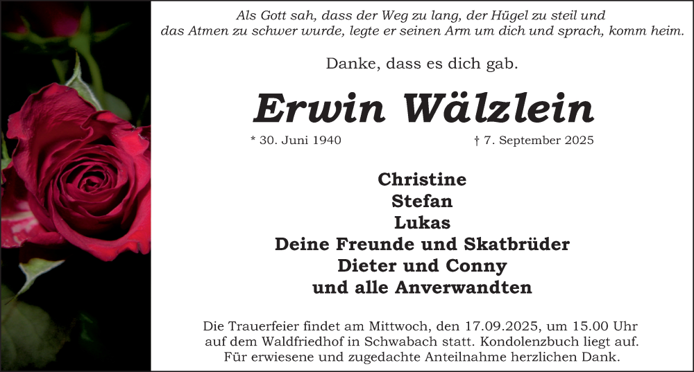  Traueranzeige für Erwin Wälzlein vom 13.09.2025 aus Schwabacher Tagblatt Lokal