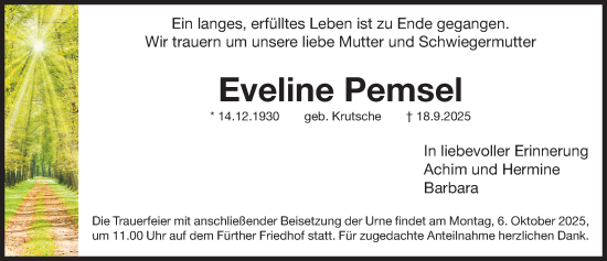 Traueranzeige von Eveline Pemsel von Fürther Nachrichten Lokal