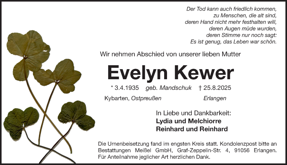  Traueranzeige für Evelyn Kewer vom 06.09.2025 aus Gesamtausgabe Nürnberger Nachrichten/ Nürnberger Ztg.