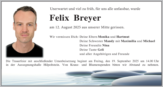 Traueranzeige von Felix Breyer von Roth-Hilpoltsteiner Volkszeitung Lokal