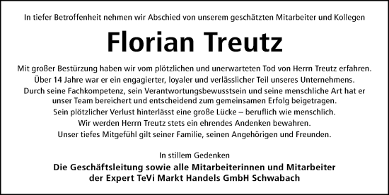 Traueranzeige von Florian Treutz von Schwabacher Tagblatt Lokal