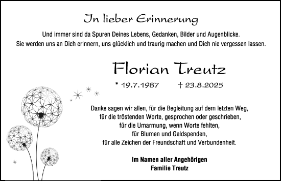Traueranzeige von Florian Treutz von Schwabacher Tagblatt Lokal