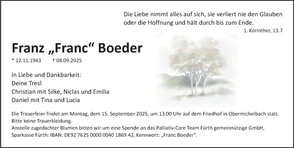  Traueranzeige für Franz Boeder vom 13.09.2025 aus Fürther Nachrichten Lokal