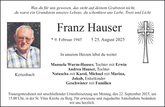 Traueranzeige von Franz Hauser von Neumarkter Nachrichten Lokal