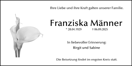 Traueranzeige von Franziska Männer von Gesamtausgabe Nürnberger Nachrichten/ Nürnberger Ztg.