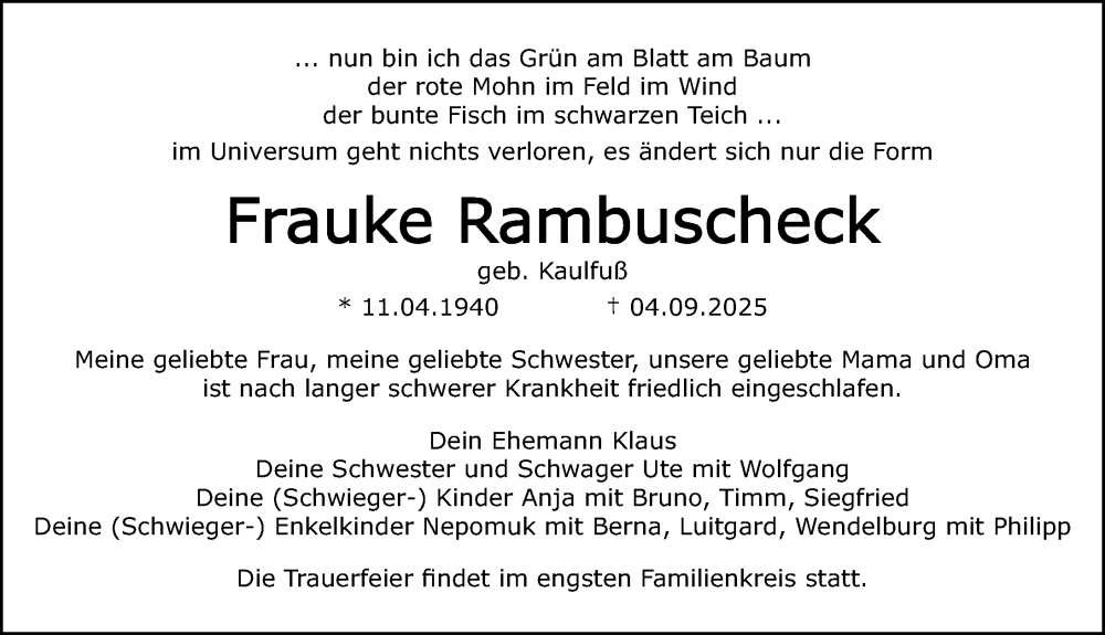  Traueranzeige für Frauke Rambuscheck vom 13.09.2025 aus Gesamtausgabe Nürnberger Nachrichten/ Nürnberger Ztg.