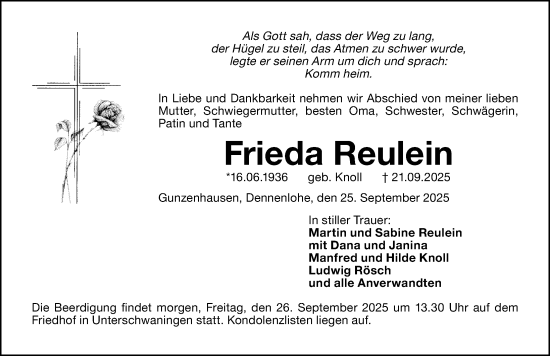 Traueranzeige von Frieda Reulein von Altmühl-Bote Lokal