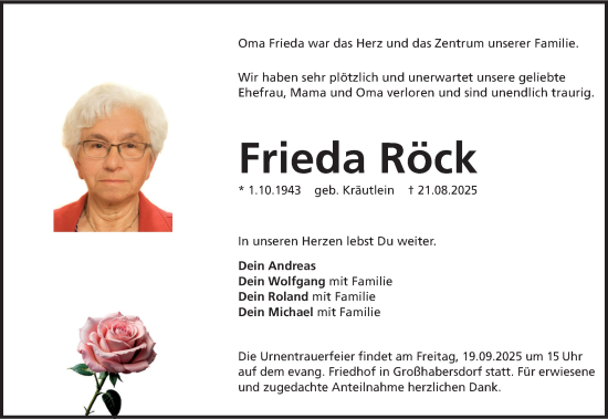 Traueranzeige von Frieda Röck von Fürther Nachrichten Lokal