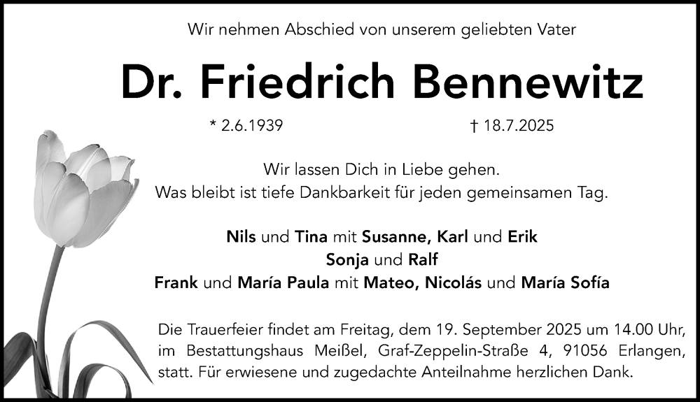  Traueranzeige für Friedrich Bennewitz vom 13.09.2025 aus Erlanger Nachrichten Lokal