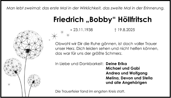 Traueranzeige von Friedrich Höllfritsch von Schwabacher Tagblatt Lokal