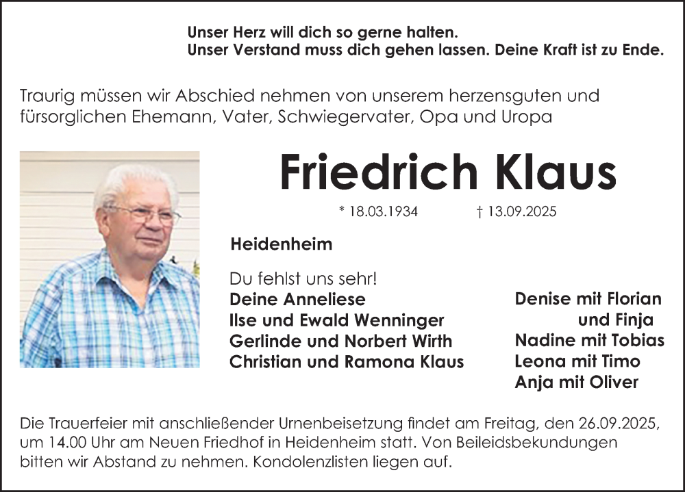  Traueranzeige für Friedrich Klaus vom 23.09.2025 aus Altmühl-Bote Lokal