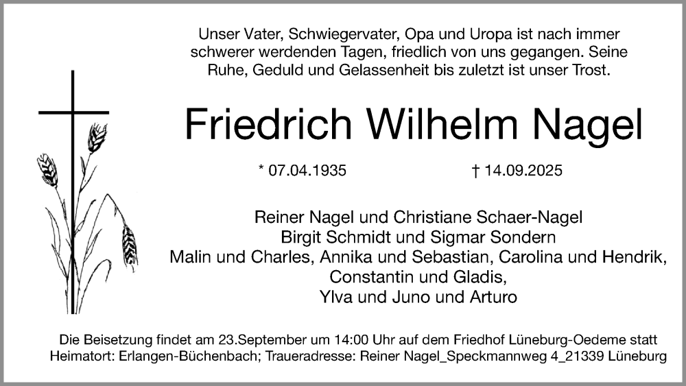  Traueranzeige für Friedrich Wilhelm Nagel vom 23.09.2025 aus Erlanger Nachrichten Lokal