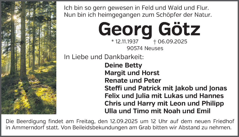  Traueranzeige für Georg Götz vom 10.09.2025 aus Gesamtausgabe Nürnberger Nachrichten/ Nürnberger Ztg.