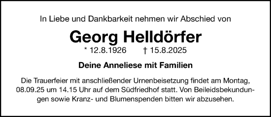 Traueranzeige von Georg Helldörfer von Gesamtausgabe Nürnberger Nachrichten/ Nürnberger Ztg.