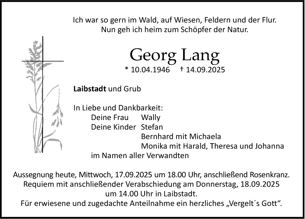  Traueranzeige für Georg Lang vom 17.09.2025 aus Roth-Hilpoltsteiner Volkszeitung Lokal