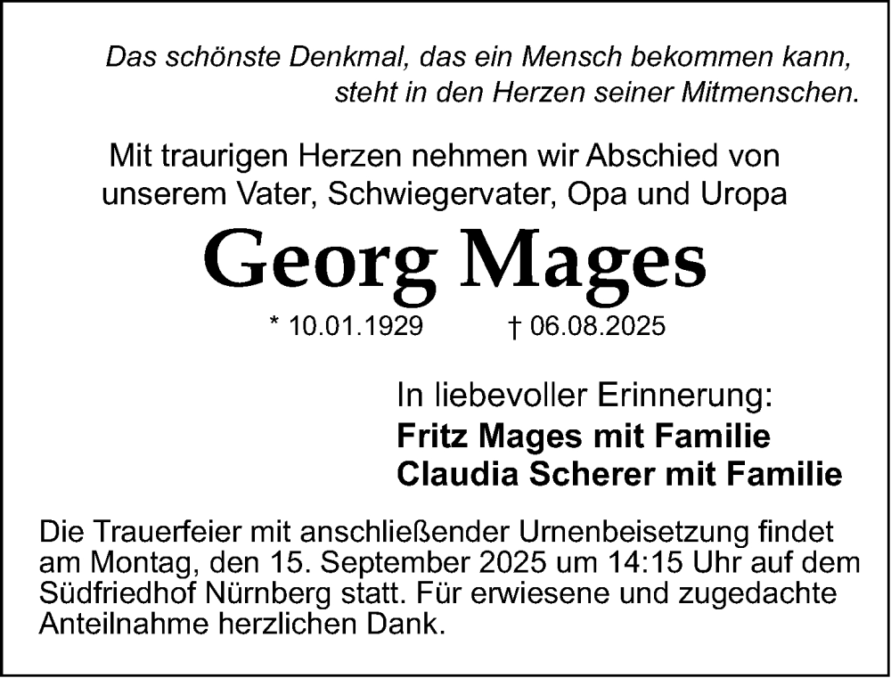  Traueranzeige für Georg Mages vom 06.09.2025 aus Gesamtausgabe Nürnberger Nachrichten/ Nürnberger Ztg.